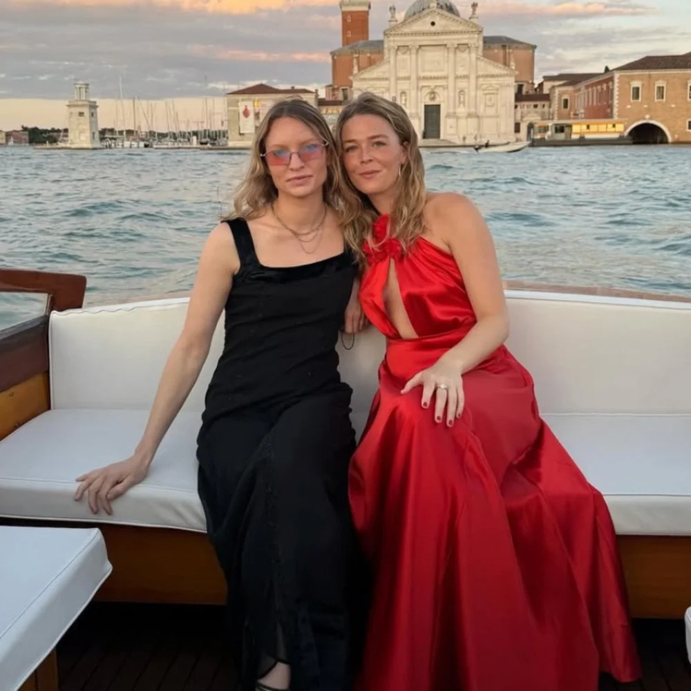 NWT Doen Lilaia Silk Rosette Rose Halter Maxi Dress Gown Fiery Coral Red - Picture 5 of 16